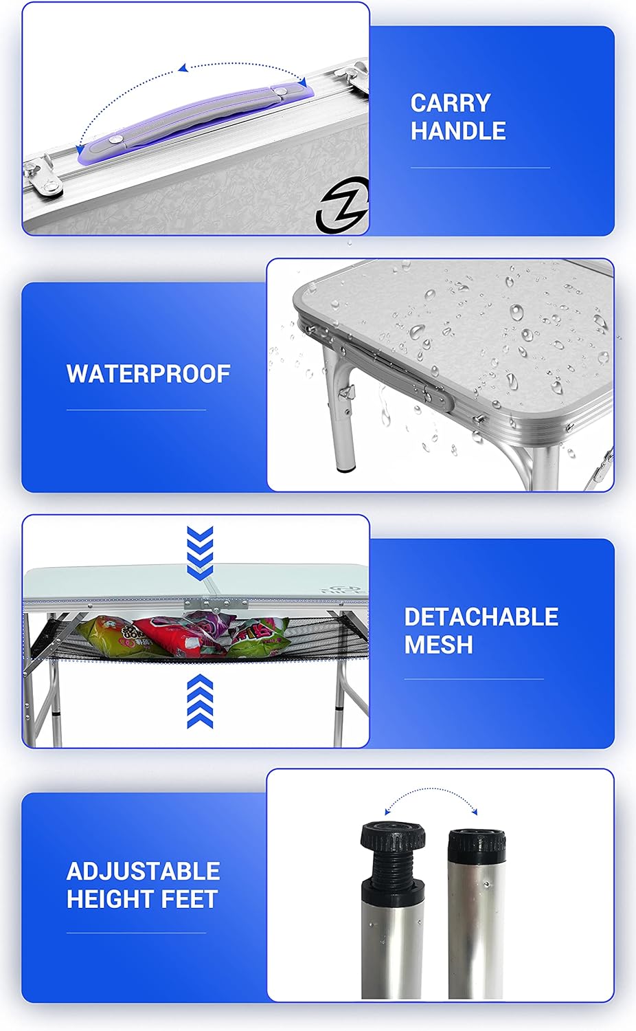Folding Card Table Adjustable Height Portable Camping Table Lightweight Aluminum with Carry Handle Y182