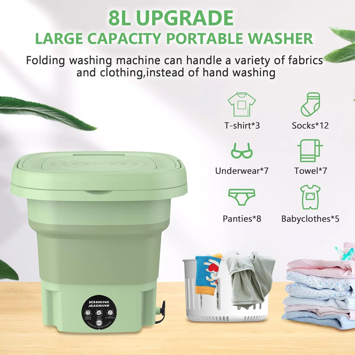 Mini Folding Washing Machine with Dryer Bucket, 8L Green P491232