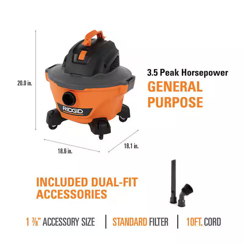 6 Gallon 3.5 Peak HP Wet/Dry Shop Vacuum with Filter, Hose, Wands, Nozzle, Crevice Tool and Dusting Brush T3196