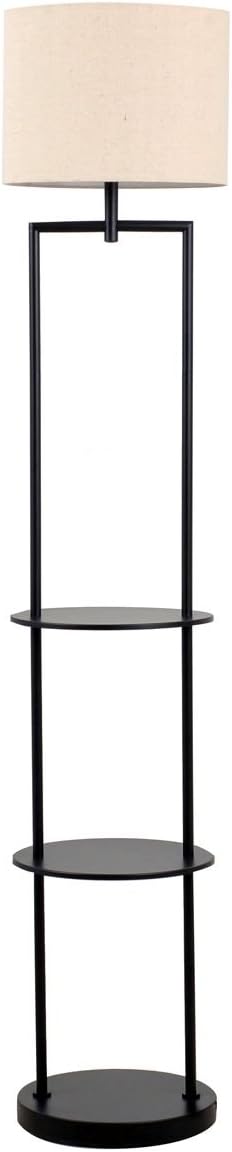 Black Round Etagere Floor Lamp with Shelves and Linen Shade H150