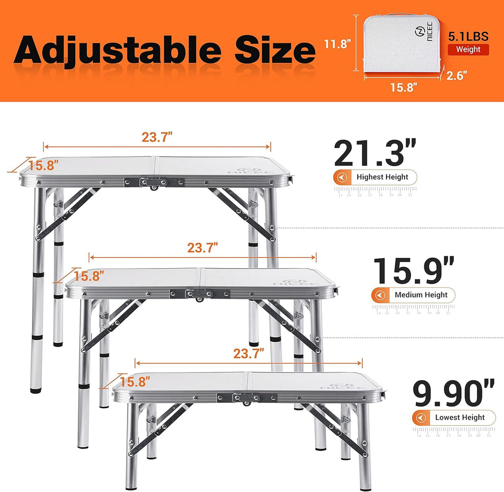 Folding Card Table Adjustable Height Portable Camping Table Lightweight Aluminum with Carry Handle Y182
