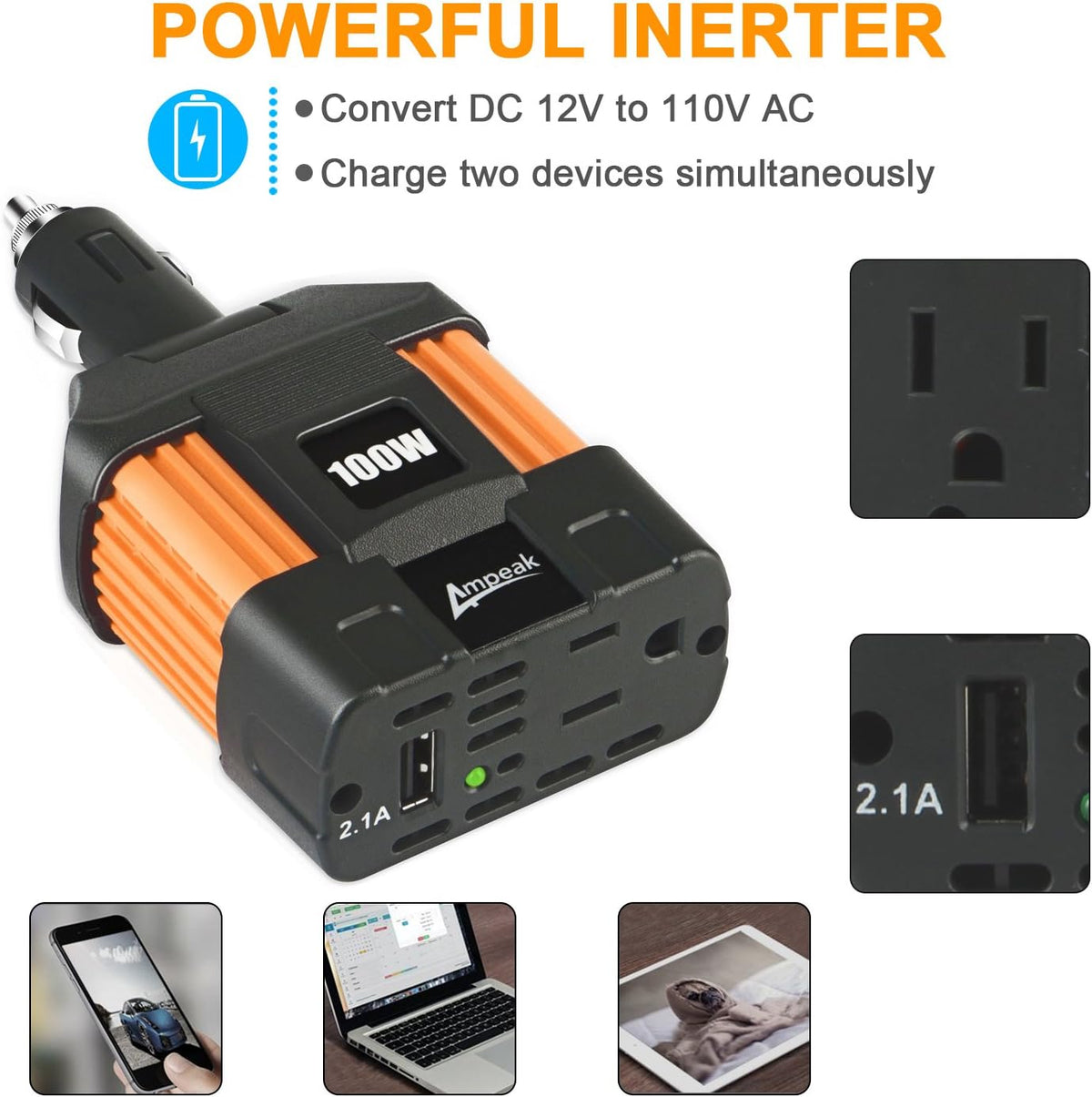100W Car Power Inverter DC 12V to 110V AC Pack of 2 G723367