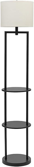 Black Round Etagere Floor Lamp with Shelves and Linen Shade H150