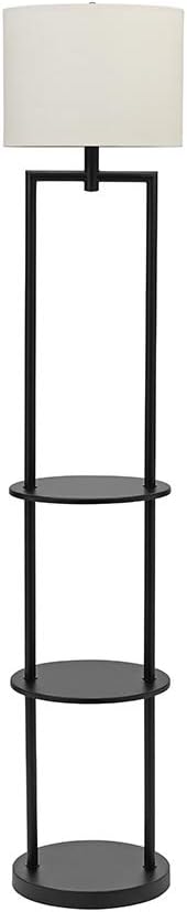 Black Round Etagere Floor Lamp with Shelves and Linen Shade H150