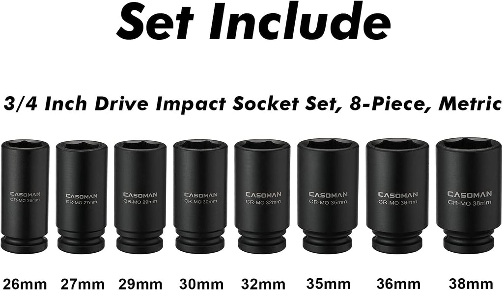 8 Pieces 3/4-Inch Drive Deep Impact Socket Set, CR-MO, Metric, 6-Point, 26mm to 38mm U66030