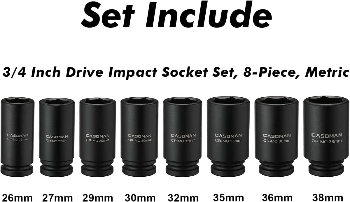 8 Pieces 3/4-Inch Drive Deep Impact Socket Set, CR-MO, Metric, 6-Point, 26mm to 38mm U66030