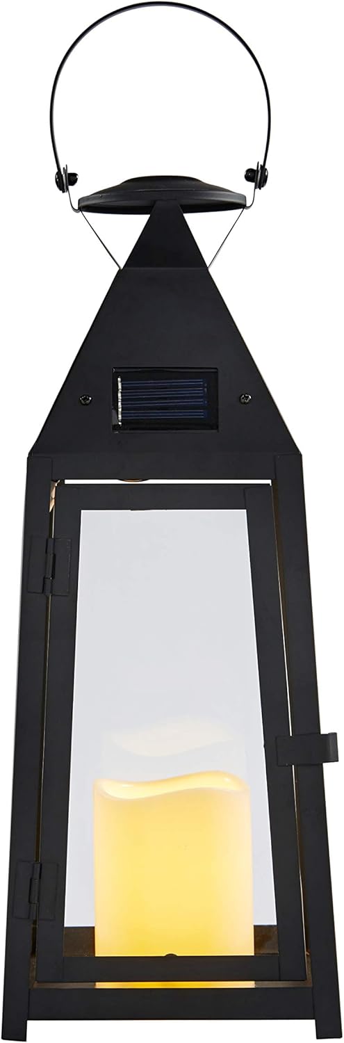 15.5” Black Metal Solar Powered LED Outdoor Lantern W22420