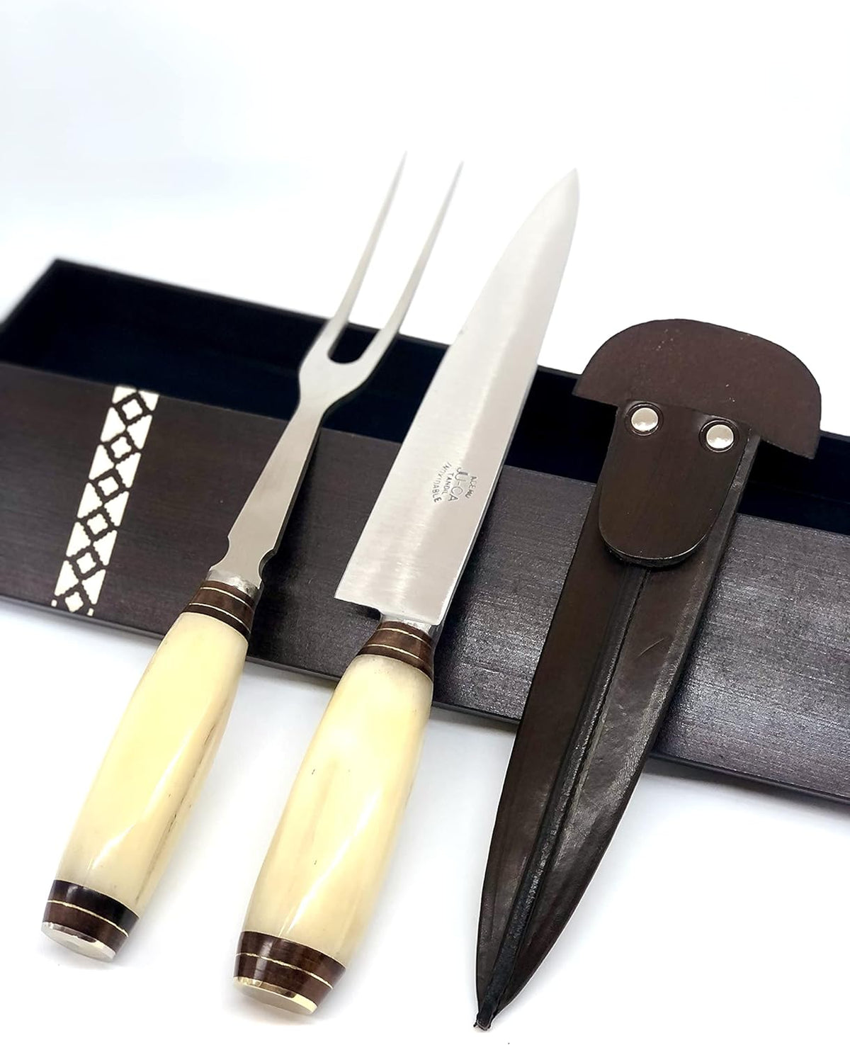 Handmade Bone Handle Carving Set with Wooden Box V8030