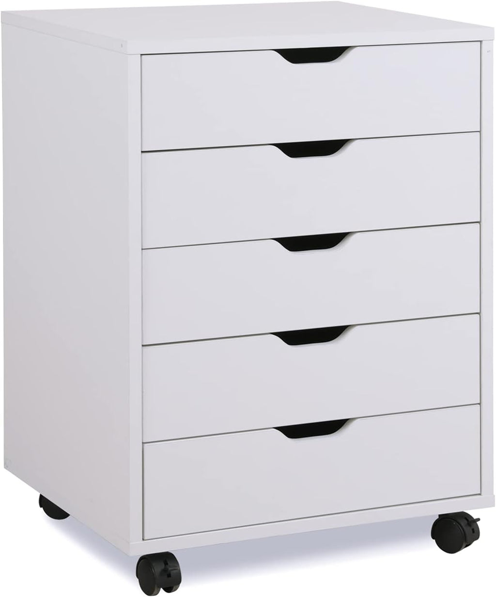 White 5 Drawer Wood Storage Cabinet with Wheels Q449336