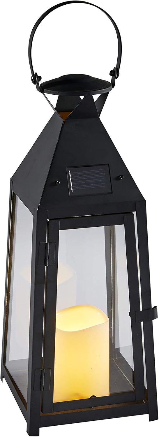 15.5” Black Metal Solar Powered LED Outdoor Lantern W22420