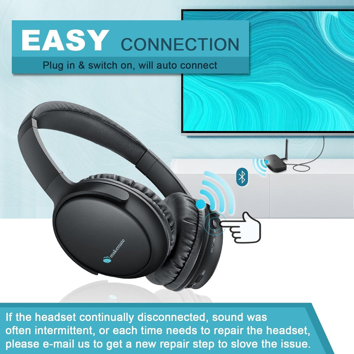Wireless Headphones with Optical Bluetooth Transmitter, up to 165ft Range, Black U2795