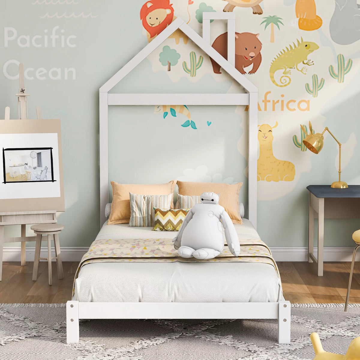 White Wood Twin Platform Bed with House Shaped Headboard K92494
