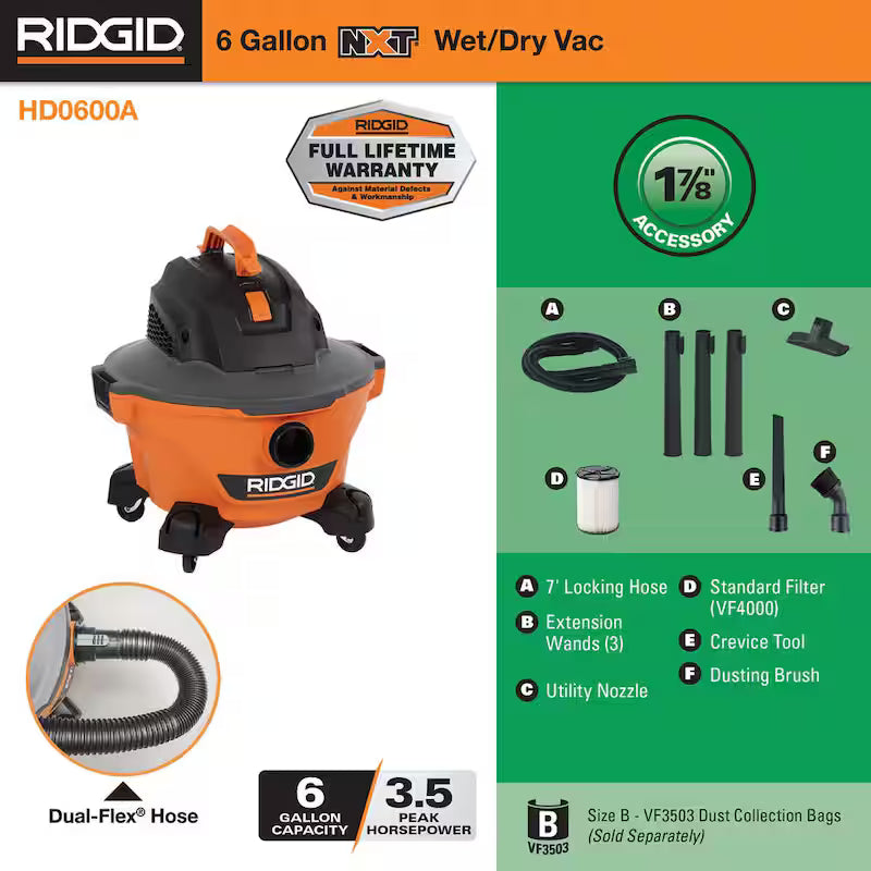 6 Gallon 3.5 Peak HP Wet/Dry Shop Vacuum with Filter, Hose, Wands, Nozzle, Crevice Tool and Dusting Brush T3196