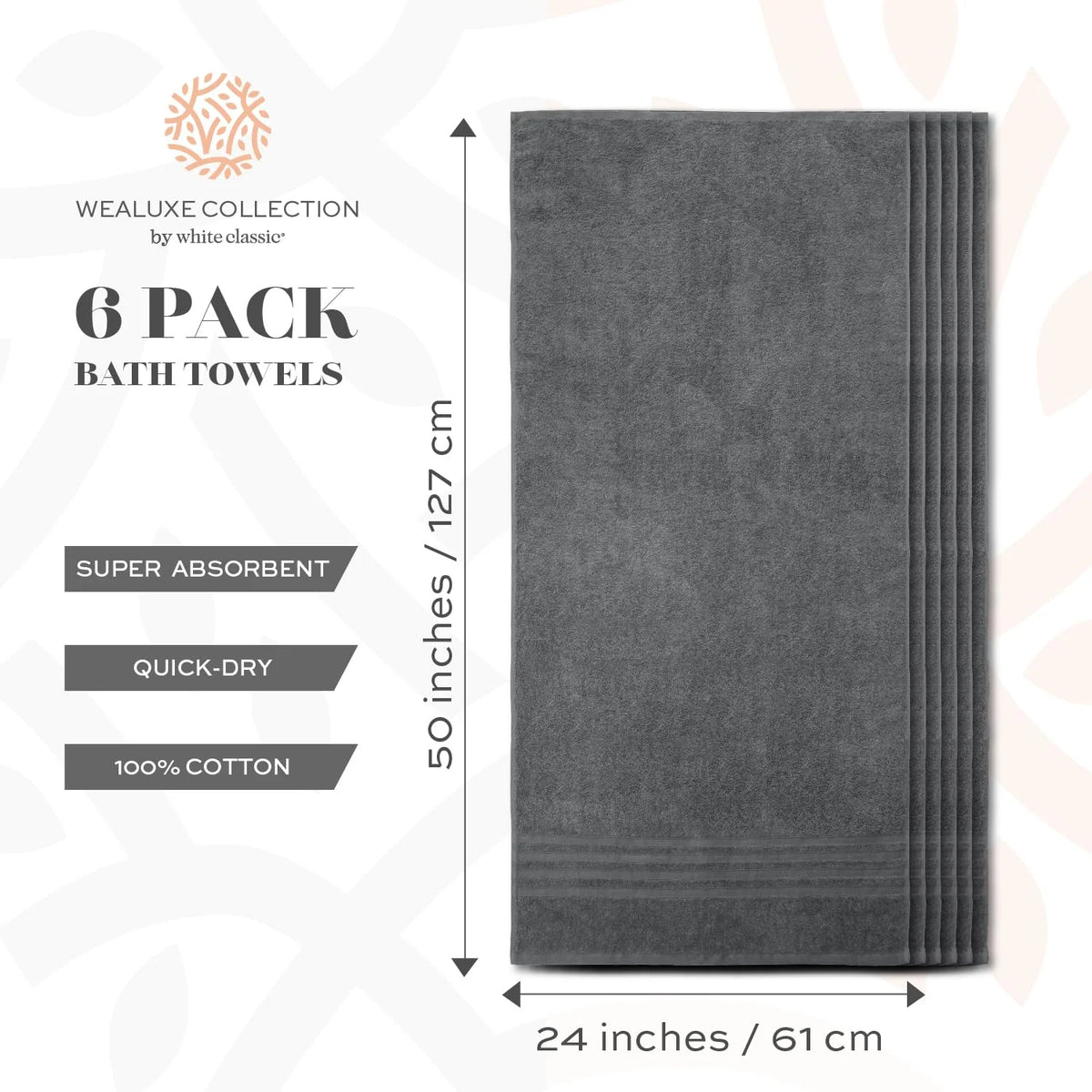 Cotton Bath Towels 24x50 Inch 6 Pack White A7079