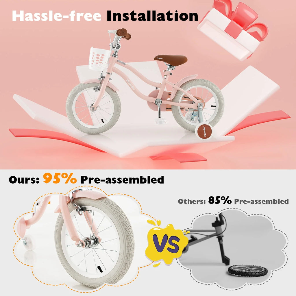14'' Kids Bike with Training Wheels & Basket Pink U2742